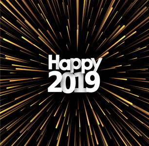快乐2019年新年卡与黄金烟花。 背景