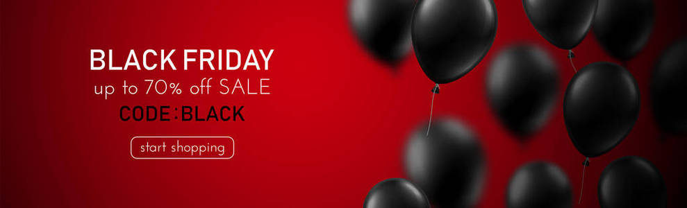 黑色星期五出售红色宣传横幅与黑色气球。 特价高达70的折扣开始购物。 矢量背景。