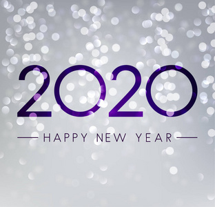 银色闪亮的新年快乐2020年卡与博克背景。 矢量背景。