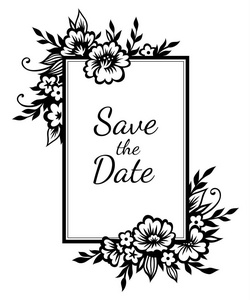 浪漫的长方形框架，有程式化的黑色花朵和树枝。 婚礼设计装饰和剪贴簿模板。 单色黑色插图隔离在白色