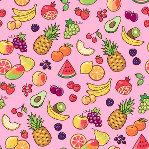 粉红色背景上的卡通水果和浆果。 纺织品与设计的无缝图案