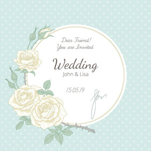 老式风格的婚礼邀请。 白色圆形标签，用白色玫瑰树枝装饰。 婚礼设计精美卡片模板