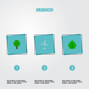 设置绿色图标平面样式符号与叶子, 能源风车, 树和其他图标为您的 web 移动应用程序徽标设计