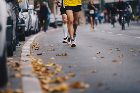 马拉松赛跑人们站在秋天的路上。 跑步者在城市里跑城市马拉松。 一群活跃的人在城里跑马拉松。 从路上的树上掉下来的叶子