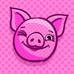 猪是2019年新年的象征。 粉红背景下流行艺术风格的眨眼猪头。 矢量图。