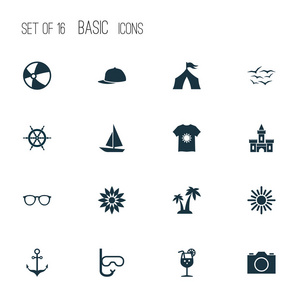 夏季图标设置与太阳镜, 锚, 棕榈和其他衬衫元素。查出的向量例证夏季图标