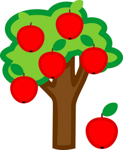 卡通苹果树，成熟的红苹果和白色背景的绿冠