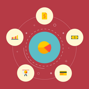 一组经济图标平面样式符号与饼图, 货币, 银行卡和其他图标为您的 web 移动应用程序徽标设计