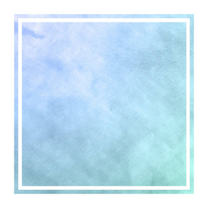 冷蓝色手绘水彩矩形框架背景纹理与污渍。 现代设计元素