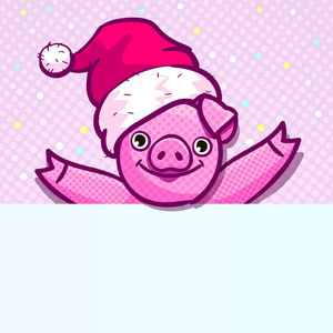 猪是2019年新年的象征。 微笑可爱的猪在流行艺术风格与空间的文本粉红色背景。 矢量图。