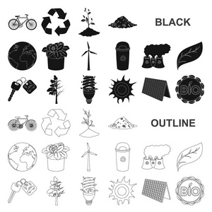 生物和生态学黑色图标集合中的设计。一种生态纯产品矢量符号股票 web 插图