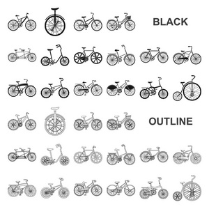 各种自行车黑色图标集合中的设计。运输媒介符号股票的类型 web 插图