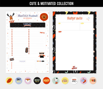 一套规划者和做清单与可爱的动物插图和时尚的字体。模板的议程，规划者，检查清单，和其他文具。孤立无援。矢量。斯堪的纳维亚文具设计