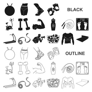 健身和属性黑色图标集合中的设计。健身器材矢量符号库存网站插图