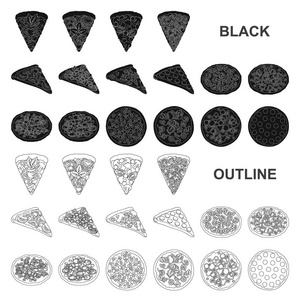 不同的比萨饼黑色图标集合中的设计。比萨食物矢量符号股票网页插图