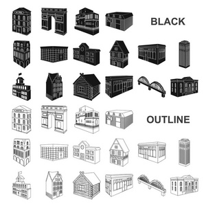 建筑和建筑黑色图标集合中的设计。建筑与住宅矢量等距符号库存 web 插图