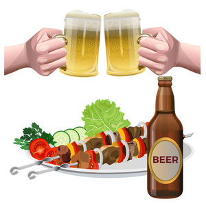 一组用于啤酒节海报的元素。 两只手拿着啤酒杯，瓶子里的啤酒和烤串放在盘子里。 白色背景下分离的矢量插图