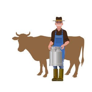 农夫拿着牛奶，对着一头奶牛的轮廓。 白色背景下分离的矢量插图