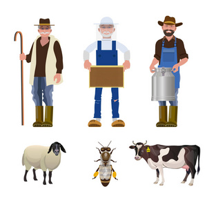 一组不同农业职业的人及其产品送奶工养蜂人和牧羊人。 白色背景下分离的矢量插图