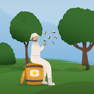 养蜂人在蜜蜂保护服与一罐蜂蜜照片