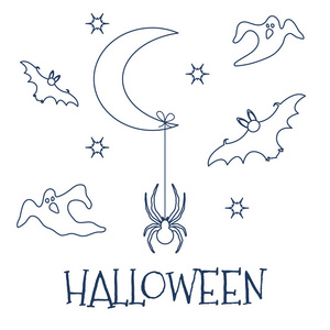 万圣节2019矢量插图与月星蜘蛛蝙蝠鬼。 派对卡包装织物印花设计。