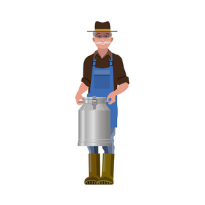 老农民拿着板子送牛奶的人拿着一个搅奶器.