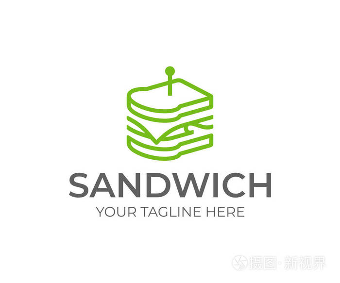 线性三明治标志设计. 快餐矢量设计. 夹心芝士火腿和生菜标志型插画-