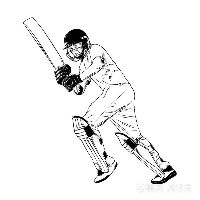 矢量雕刻风格插图海报装饰和印刷手绘板球运动员在白色背景上孤立的