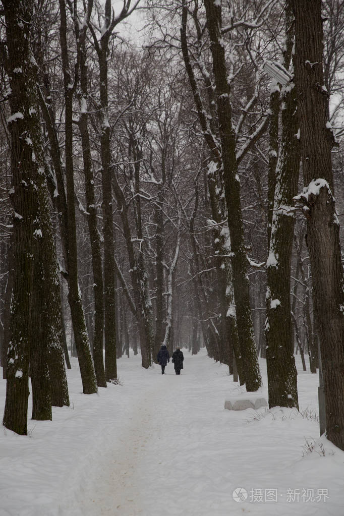 人们沿着雪覆盖公园的小巷散步.