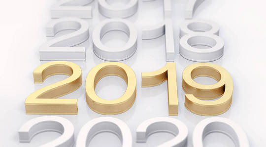 三维金金属2019白色背景。 三维渲染。 专注于2019年黄金文本。