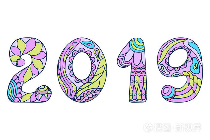 数字2019.新年快乐. 在隔离背景上用抽象图案绘制的手势.