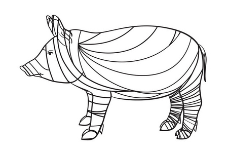 白色上的抽象猪. 手绘动物,在孤立的背景上有图案.