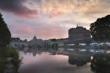 s Basilica, Ponte St. Angelo and Tiber River at Dusk in Summer. 