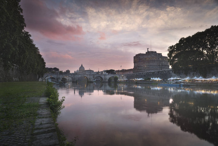 s Basilica, Ponte St. Angelo and Tiber River at Dusk in Summer. 