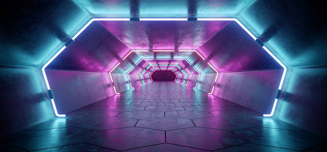 明亮的现代未来派外星反射混凝土走廊隧道空房间与紫色和蓝色霓虹灯六边地板背景3渲染插图