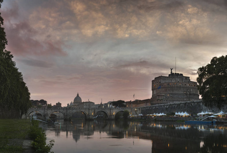 s Basilica, Ponte St. Angelo and Tiber River at Dusk in Summer. 