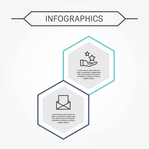 现代矢量插图3D。 具有两个六边形元素的信息模板。 为业务演示设计网页设计图，有两个步骤的工作流布局年度报告。