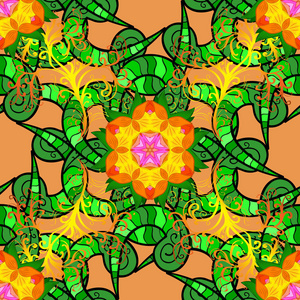 平花元素设计。 可爱的花矢量图案。 彩色春季主题无缝图案背景。 绿色橙色和黑色的花。