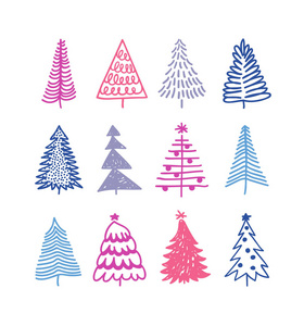 手绘一套圣诞树。 假期背景。 抽象涂鸦画树林。 矢量艺术插图