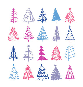 手绘一套圣诞树。 假期背景。 抽象涂鸦画树林。 矢量艺术插图