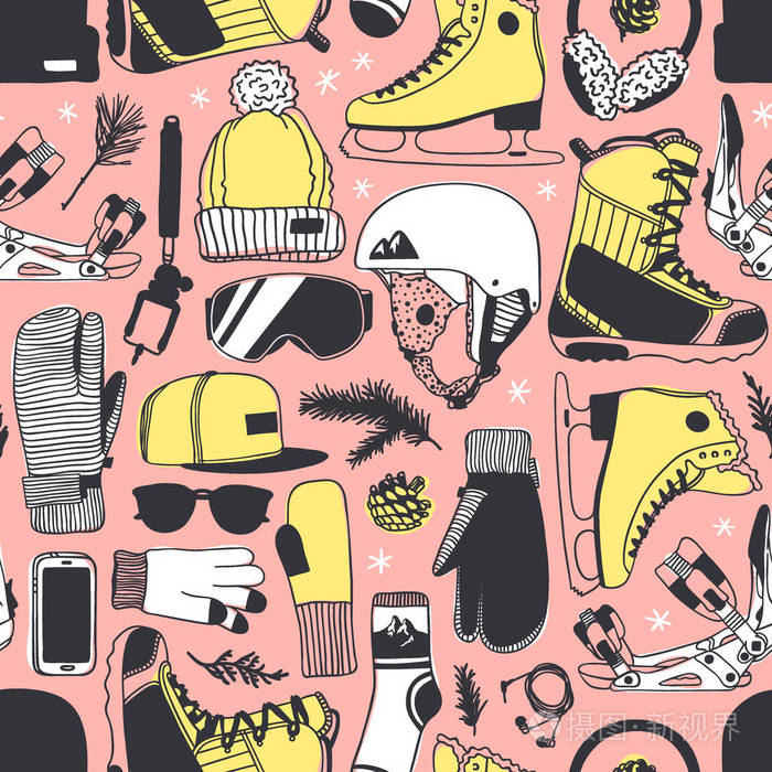 冬季运动矢量背景. 实际的时尚插图. 原始涂鸦风格的图纸.