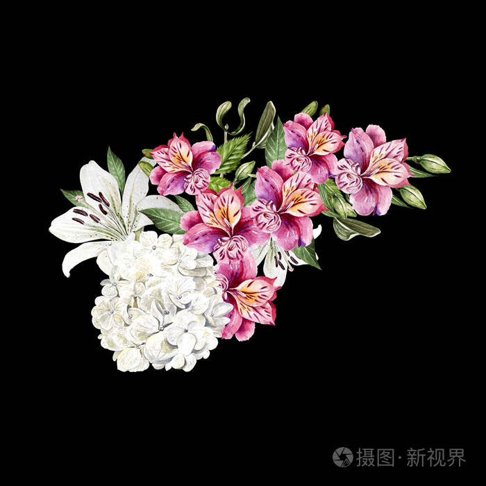 美丽的水彩婚礼花束与百合, alstroemeria 和 hudrangea 的叶子和花朵