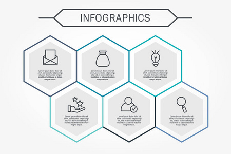现代矢量插图3D。 具有六个六边形元素的信息模板。 为业务演示设计网页设计图，有6个步骤的工作流布局年度报告。
