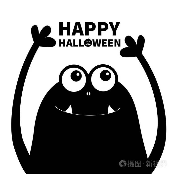 万圣节快乐怪物的头部轮廓两只眼睛牙齿尖牙手倒挂着黑色有趣可爱的