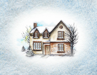 冬天的旧房子小屋，在纹理纸的框架里有树。 水彩手绘插图