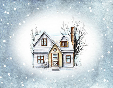 手绘雪中房子插画元素冬天的旧房子小屋,雪中有树. 水彩手绘插图照片
