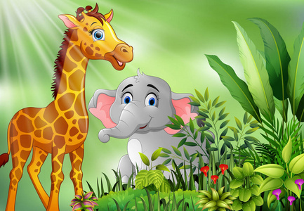 大象和长颈鹿卡通的自然场景照片
