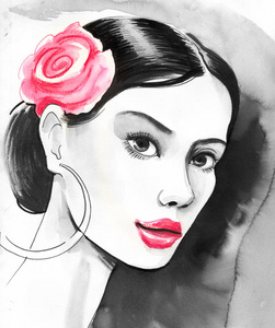 美丽的西班牙女人，头发上有一朵红玫瑰。水墨和水彩插图