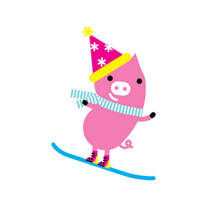 有趣的滑雪猪角色戴着圣诞老人帽图标。矢量图