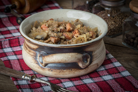 传统的波兰泡菜Bigos与蘑菇和肉。 浅场深。